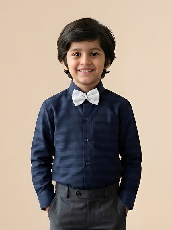 Polka Tots Full Sleeves Cotton Shirt with Bow Tie - Navy