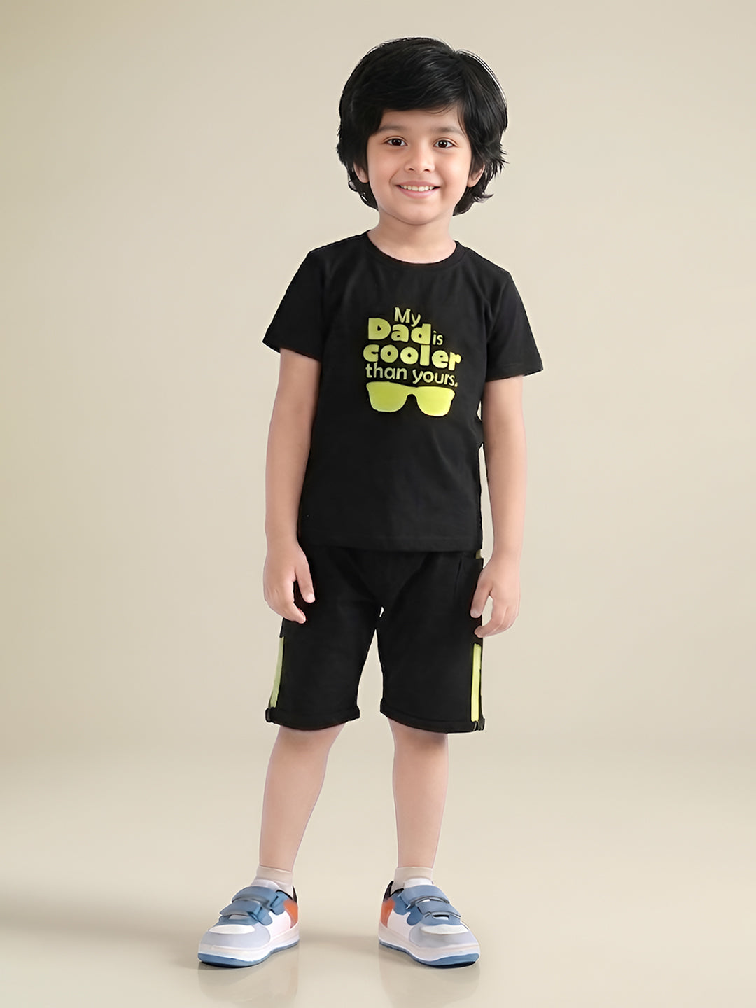 Polka Tots Half Sleeves My Dad is cooler than yours print T-Shirt Shorts - Black