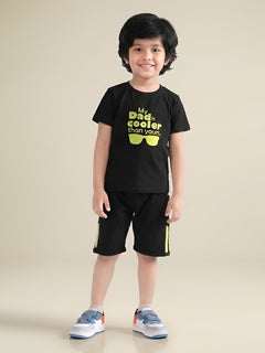 Polka Tots Half Sleeves My Dad is cooler than yours print T-Shirt Shorts - Black