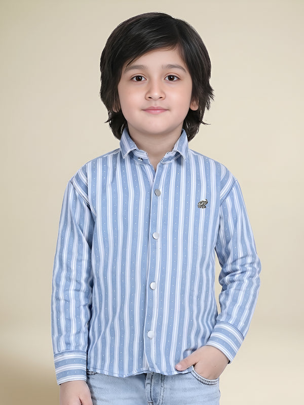 Polka Tots Full Sleeves Cotton Striped Shirt - Blue