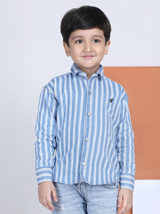 Polka Tots Full Sleeves Cotton Striped Shirt - Blue