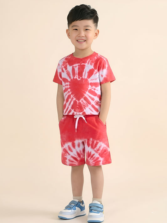 Polka Tots Half Sleeves Heart Tie-dye T-Shirt Shorts - Pink
