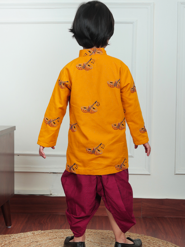 Polka Tots Dhol Shehnai print Angrakha With Dhoti - Yellow