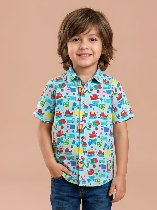 Polka Tots Half Sleeve Shirt Car Print - Light Blue