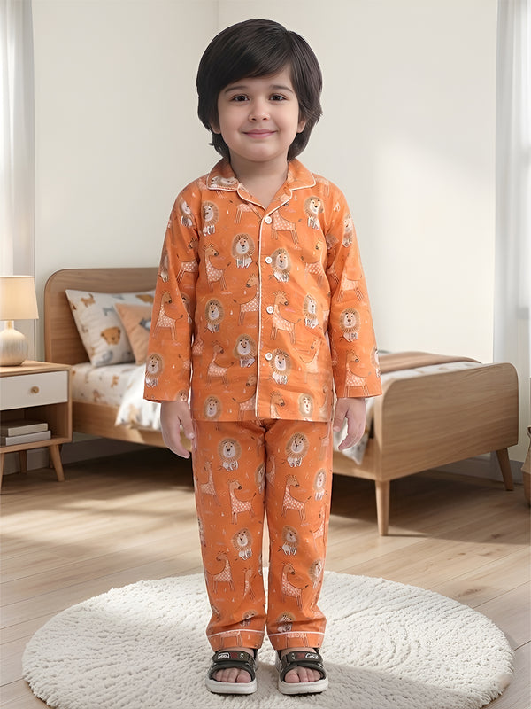 Polka Tots Full sleeve Lion and Giraffe Print Night suit - Orange