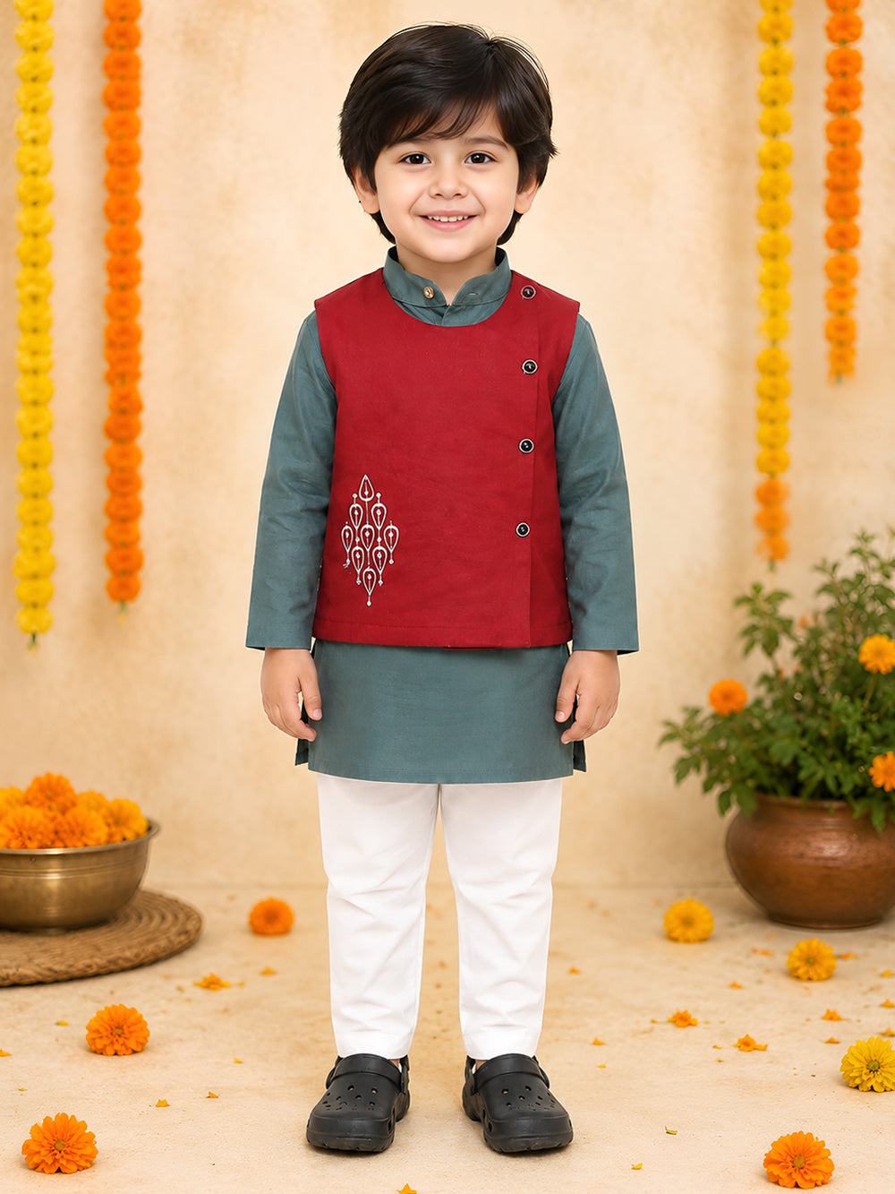 Polka Tots Full sleeves Traditional Embroidery Koti Kurta Pyjama - Grey