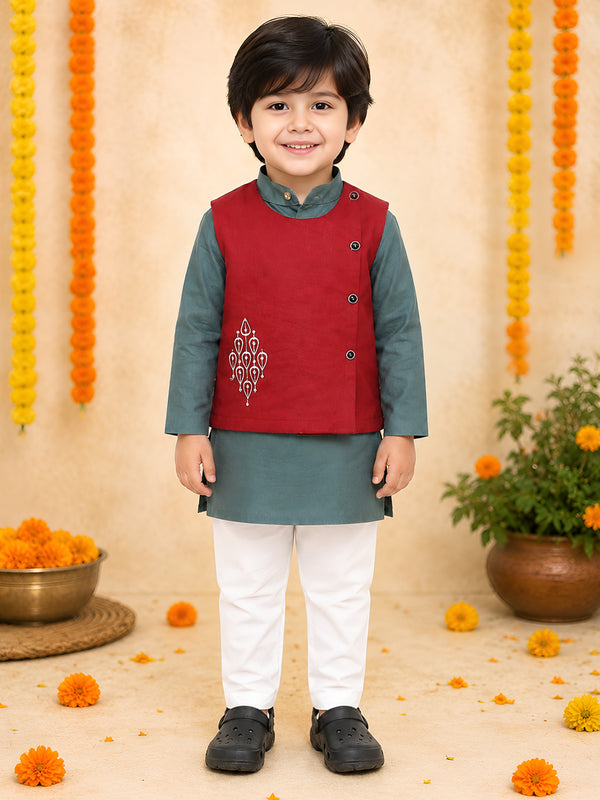 Polka Tots Full sleeves Traditional Embroidery Koti Kurta Pyjama - Grey