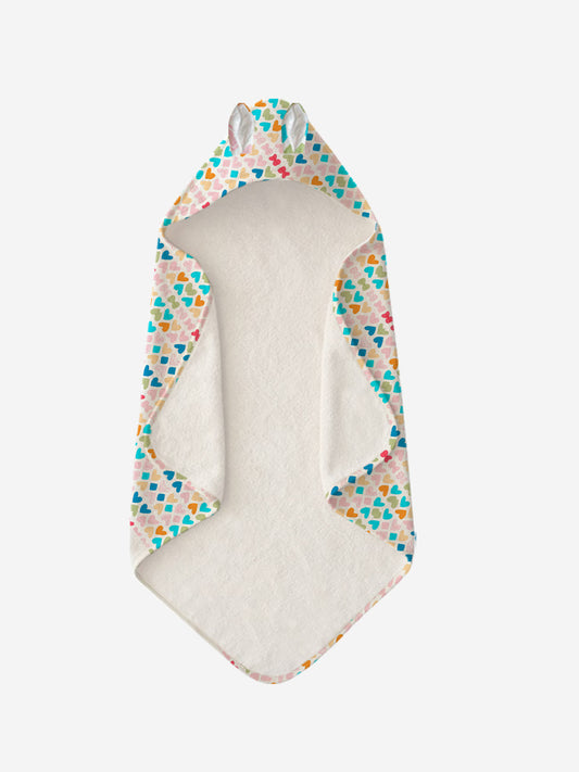 Polka Tots 100% Soft Muslin Cotton 2-Layer Hooded Baby Towel with Ear Appliqué - Mini Hearts Print