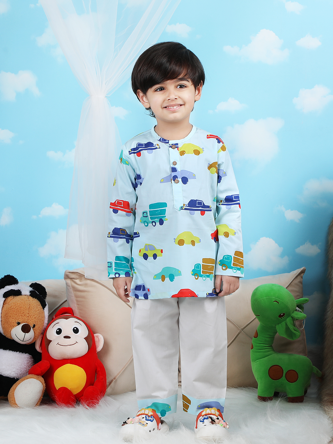 Polka Tots Vehicles print Full sleeves Nightwear Kurta pyjama set - Blue