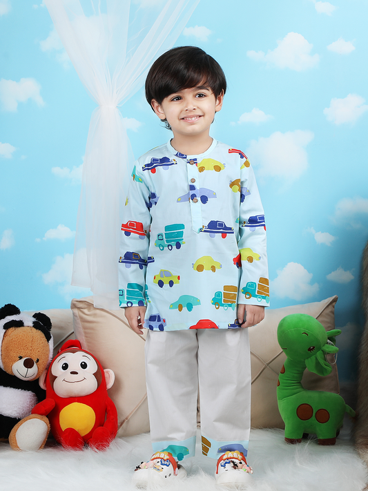 Polka Tots Vehicles print Full sleeves Nightwear Kurta pyjama set - Blue