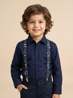Polka Tots self stripe printed suspender shirt - Blue