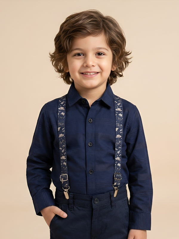 Polka Tots self stripe printed suspender shirt - Blue