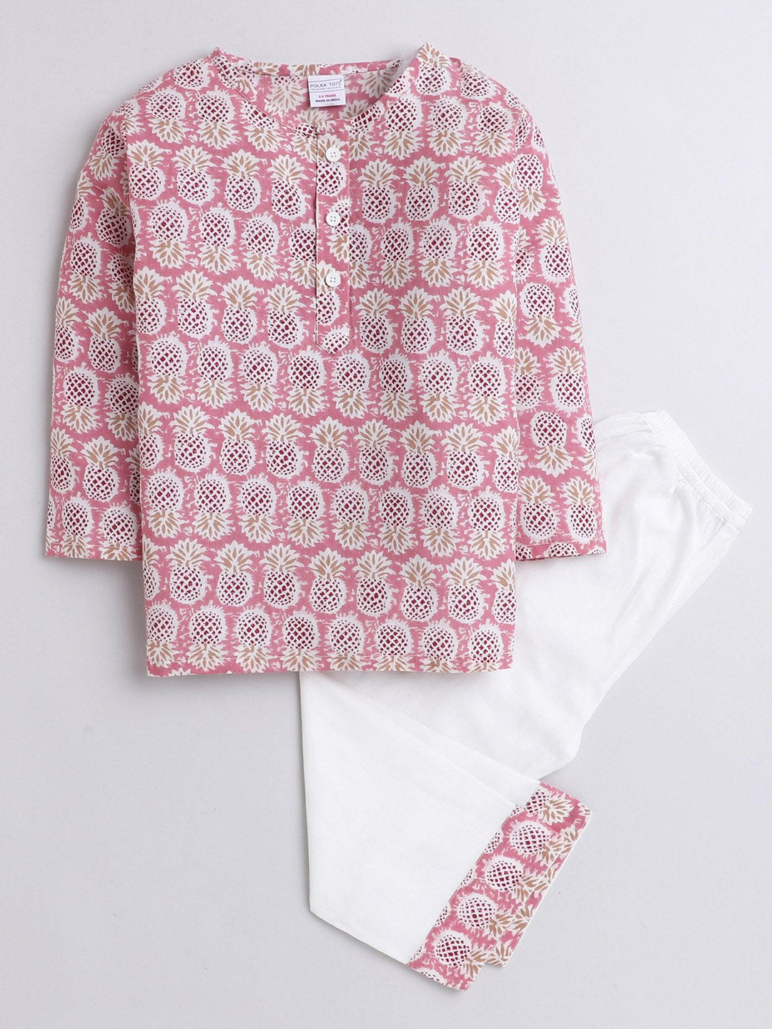 Polka Tots Pineapple print Full sleeves Nightwear Kurta pyjama set - Pink
