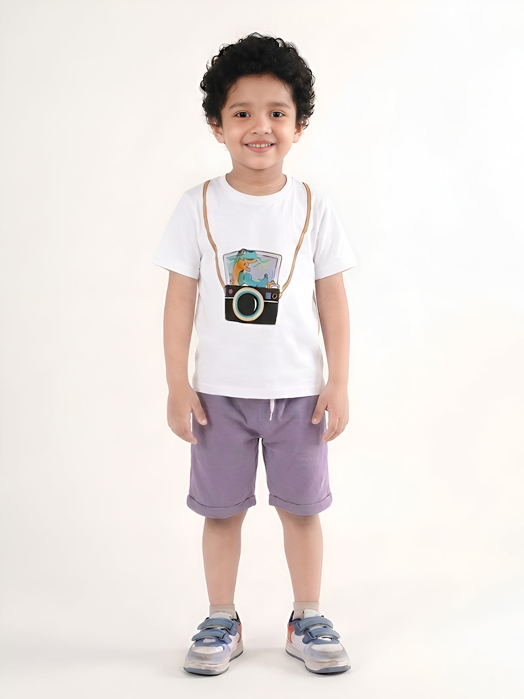 Polka Tots Half Sleeves Camera print T-Shirt Shorts - White and Purple