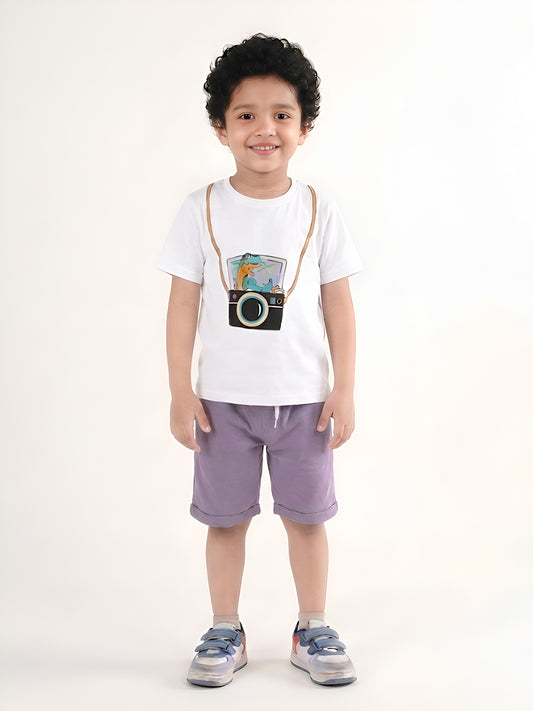 Polka Tots Half Sleeves Camera print T-Shirt Shorts - White and Purple