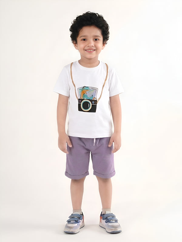 Polka Tots Half Sleeves Camera print T-Shirt Shorts - White and Purple