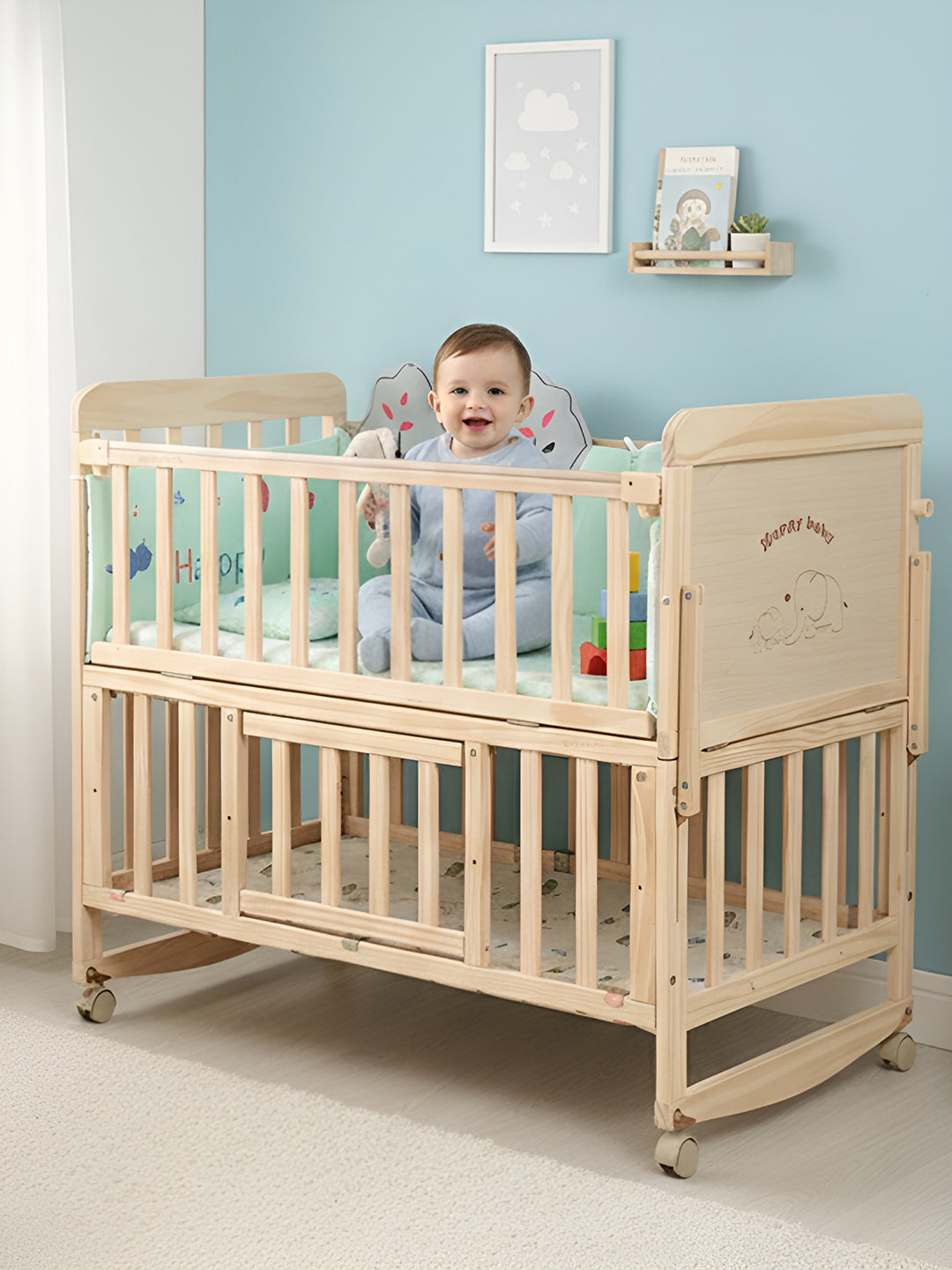 Child in a wooden crib with toys in a room with light blue walls.