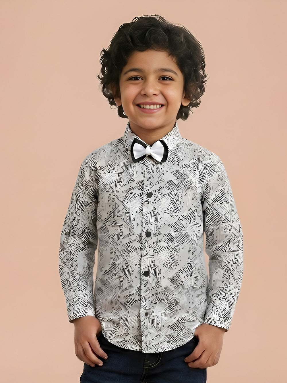 Polka Tots Cotton Regular Fit Full Sleeve Zig Zag Print Dual Bow Tie Shirt - White & Grey