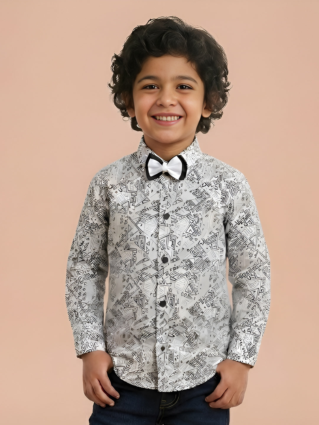Polka Tots Cotton Regular Fit Full Sleeve Zig Zag Print Dual Bow Tie Shirt - White & Grey
