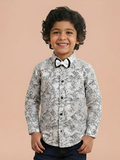 Polka Tots Cotton Regular Fit Full Sleeve Zig Zag Print Dual Bow Tie Shirt - White & Grey