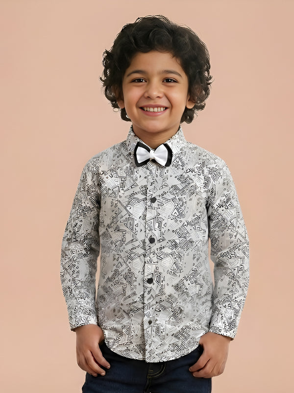 Polka Tots Cotton Regular Fit Full Sleeve Zig Zag Print Dual Bow Tie Shirt - White & Grey