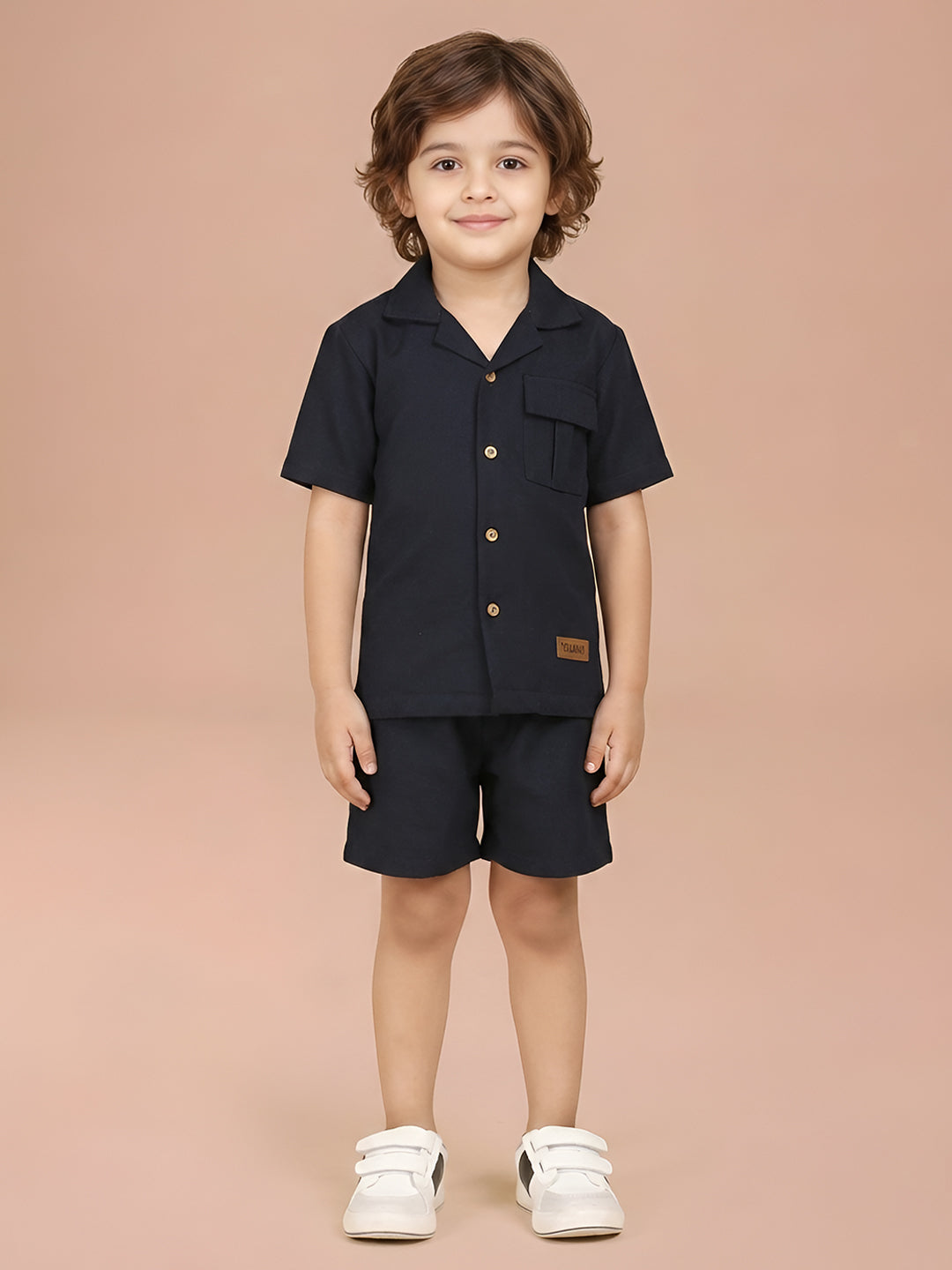 Polka Tots Half Sleeves Solid Co-ords - Navy Blue