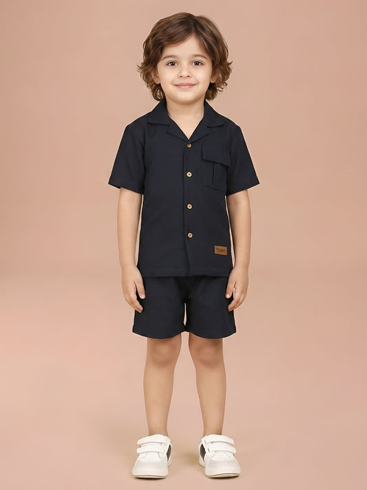 Polka Tots Half Sleeves Solid Co-ords - Navy Blue
