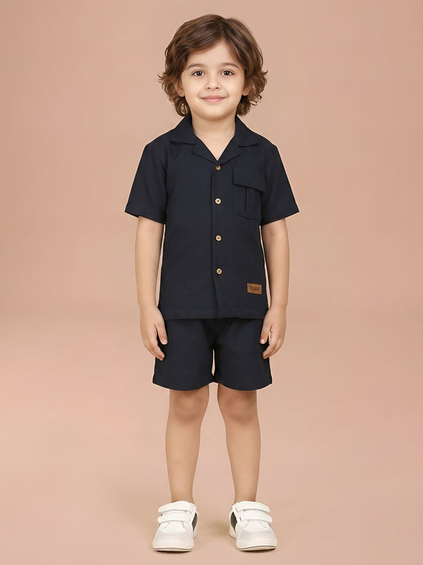 Polka Tots Half Sleeves Solid Co-ords - Navy Blue