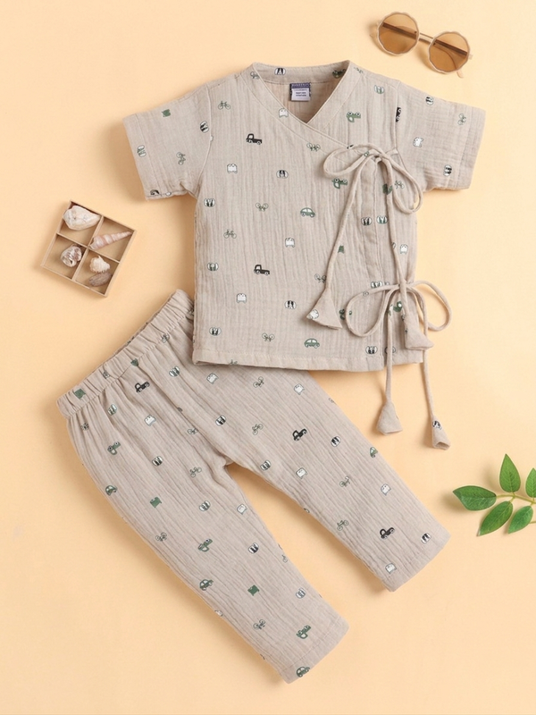 Polka Tots Soft Wrinkled Muslin Cotton Transport & Doodle Print Kediya Jhabla & Pant Set - Beige