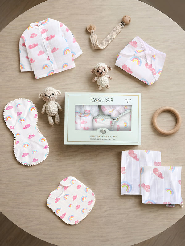 Polka Tots Newborn Pack of 6 100% Soft Double-Layer Muslin Cotton Essentials Gift Box - Rainbow Mist Print