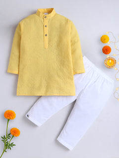 Polka Tots Kantha Work Full Sleeves Ethnic Kurta pyjama set - Yellow
