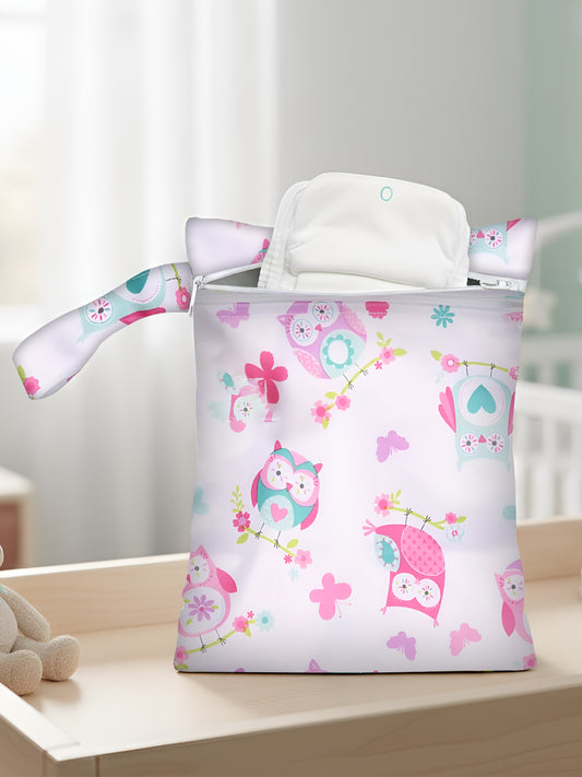Floral-patterned diaper bag on a wooden surface with a white background