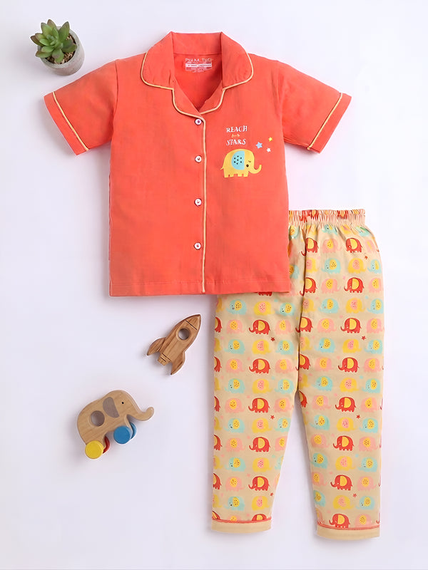 Polka Tots Half sleeves Starry Elephant Print  Night Suit - PEACH