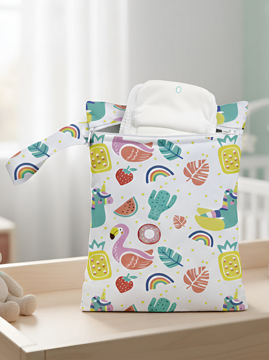 Colorful patterned wet bag with a white lid on a wooden surface.