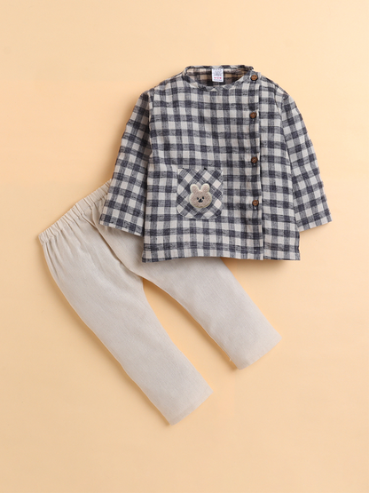 Polka Tots Soft Cotton Full-Sleeves Teddy Pocket Gingham Jhabla & Pant Set - Black