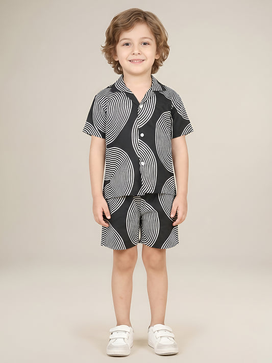 Polka Tots Half Sleeves Geometric print Co-ords - Black