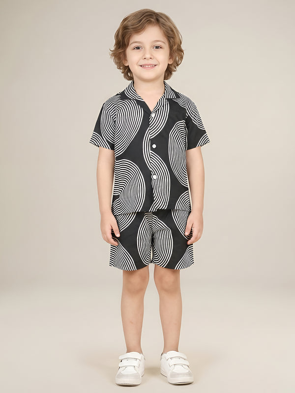 Polka Tots Half Sleeves Geometric print Co-ords - Black