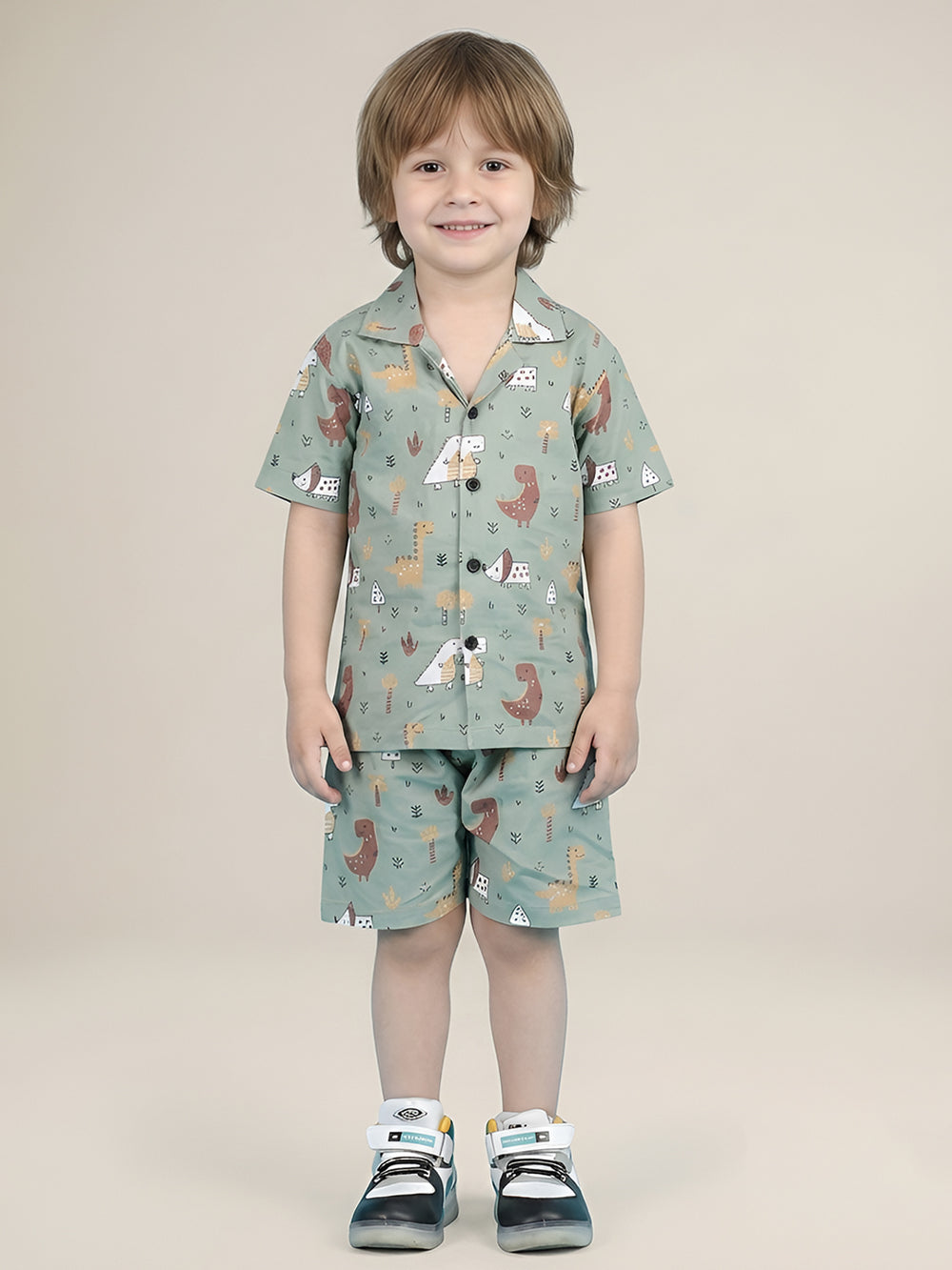 Polka Tots Half Sleeves Dinosaur print Shirt Shorts - Green
