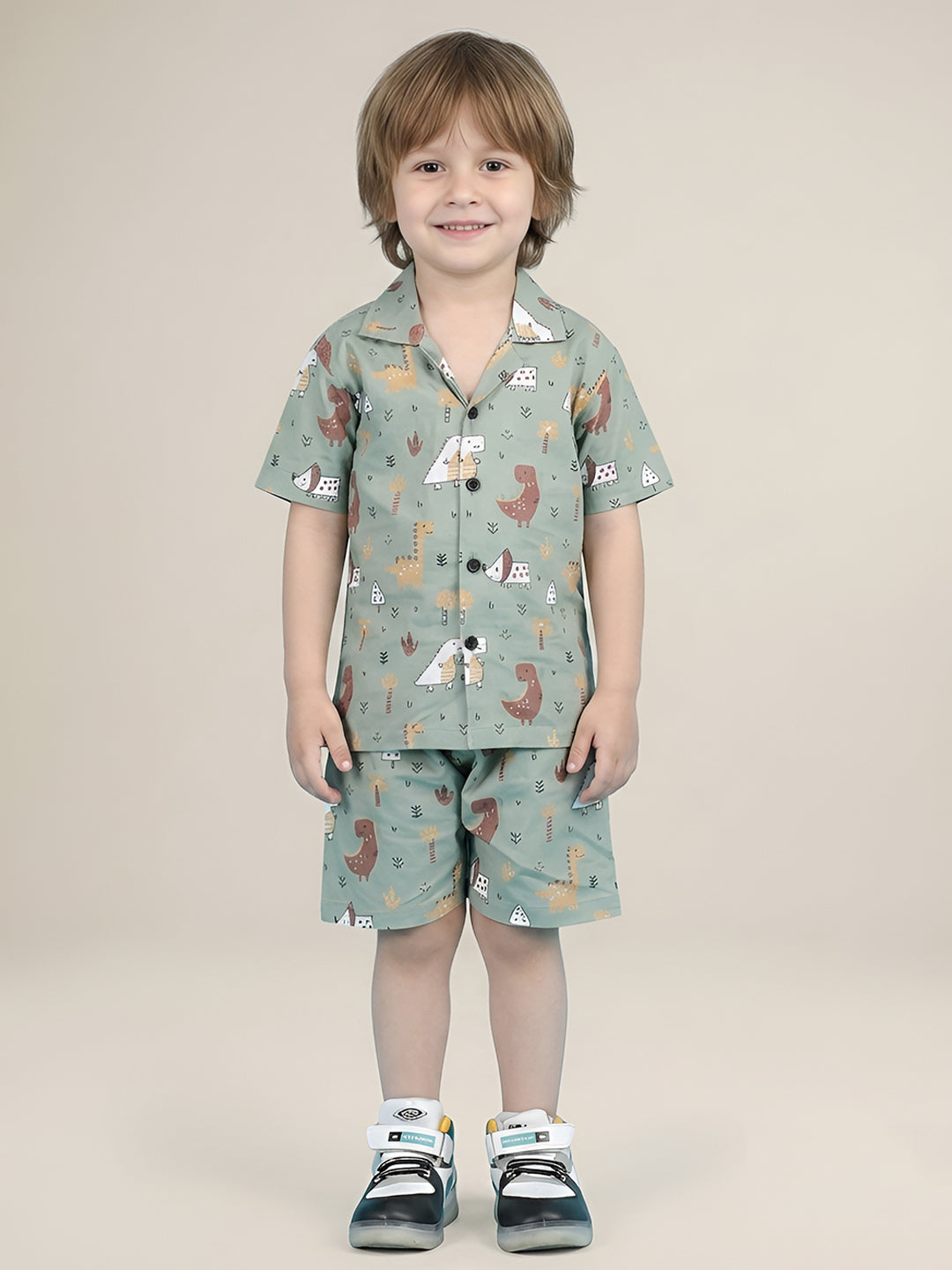 Polka Tots Half Sleeves Dinosaur print Shirt Shorts - Green