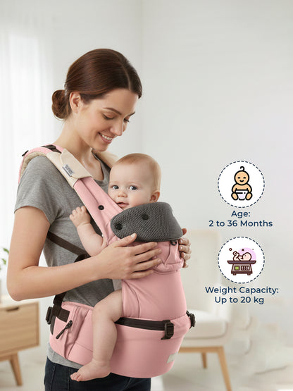 Woman holding a baby in a pink and gray baby carrier with product details on a white background.