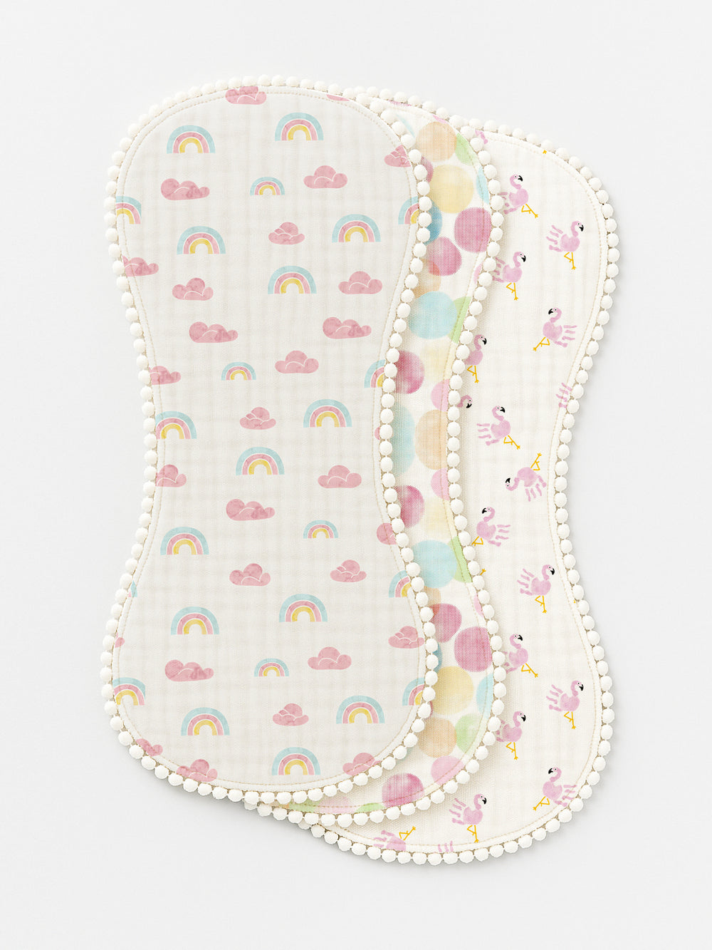 Polka Tots Newborn Pack of 3 100% Soft Muslin Cotton Double Layer Burp Cloths with Pom-Pom Lace