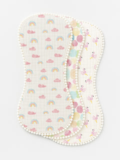 Polka Tots Newborn Pack of 3 100% Soft Muslin Cotton Double Layer Burp Cloths with Pom-Pom Lace