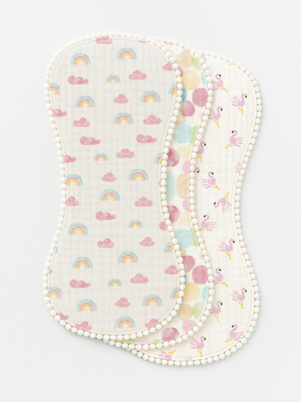 Polka Tots Newborn Pack of 3 100% Soft Muslin Cotton Double Layer Burp Cloths with Pom-Pom Lace