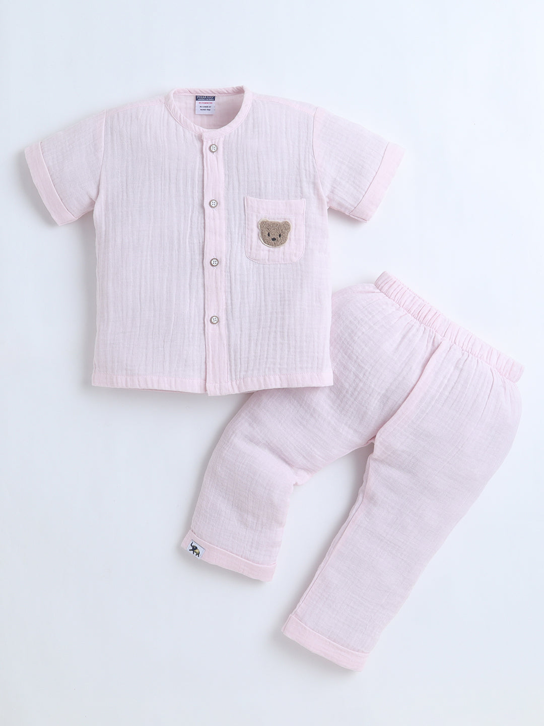 Polka Tots Crinkled Muslin Cotton Bear Pocket Patch Jhabla & Pant Set -  Baby Pink