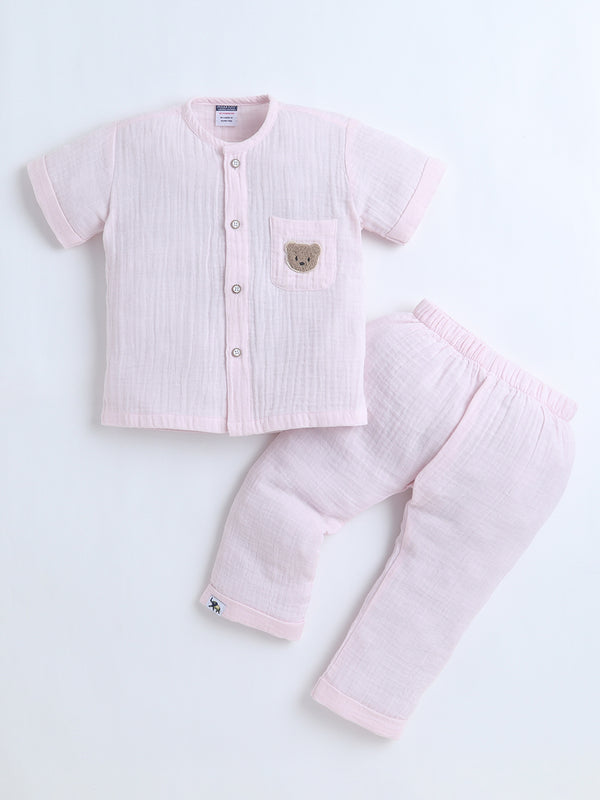 Polka Tots Crinkled Muslin Cotton Bear Pocket Patch Jhabla & Pant Set - Pink