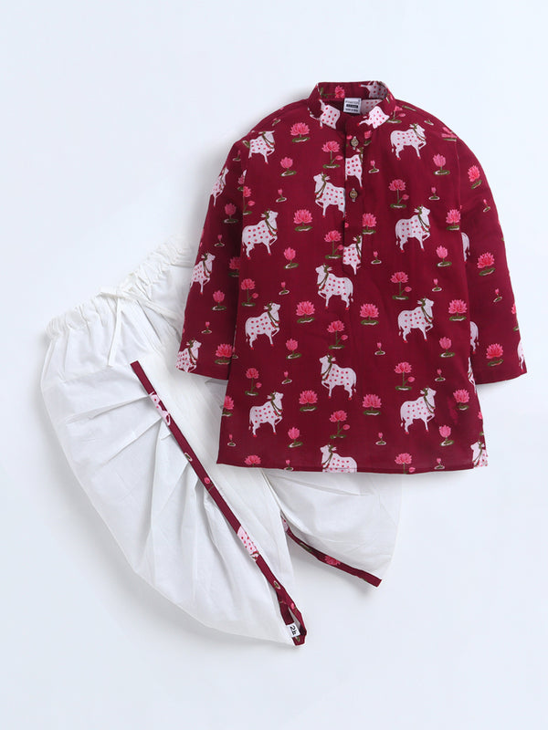 Polka Tots Full Sleeve Pichwai Print Kurta Dhoti- Pink