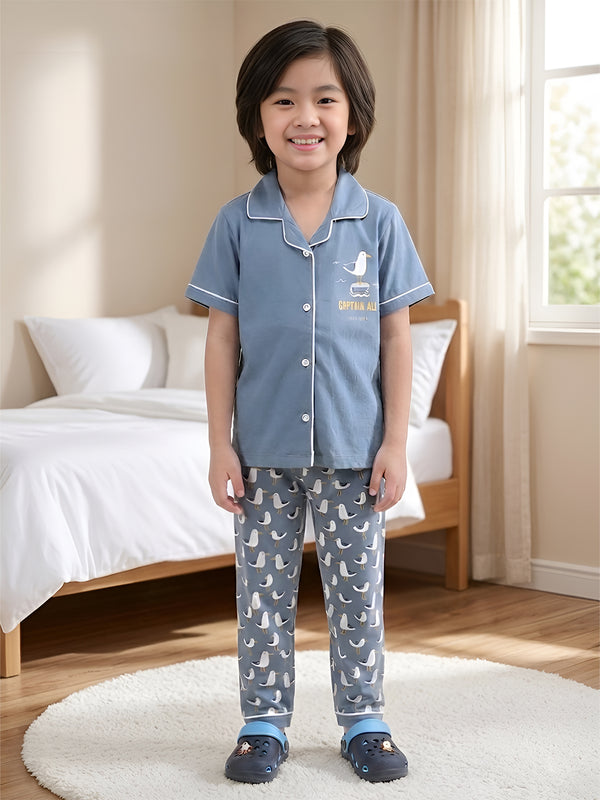 Polka Tots Half sleeves Captain Gull Print Night Suit - Grey