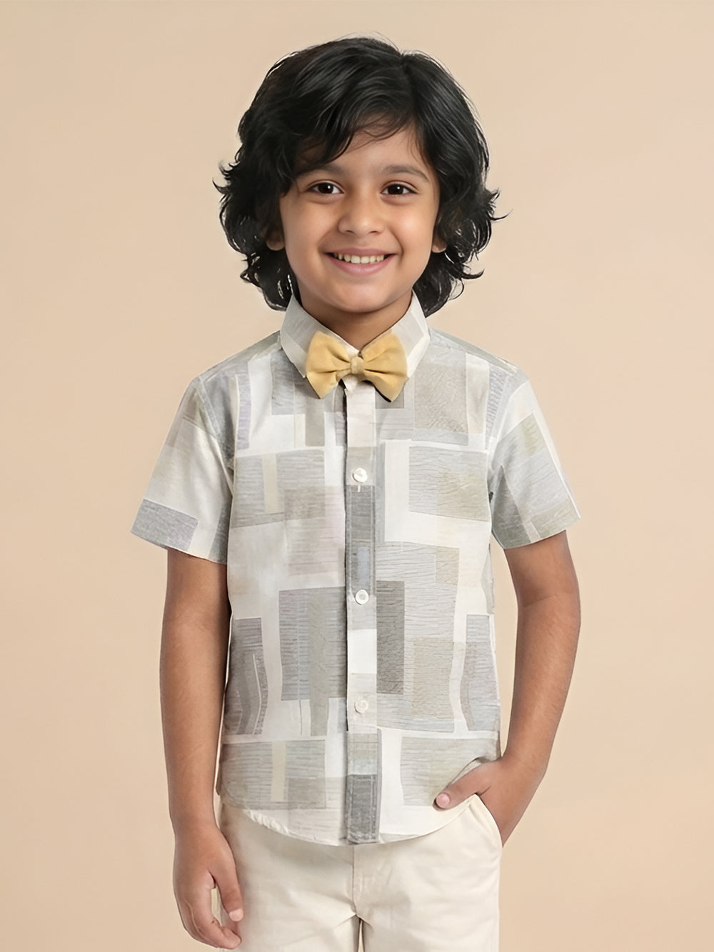 Polka Tots Half Sleeves Shirt with Bow Tie - Beige
