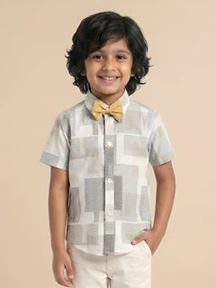 Polka Tots Half Sleeves Shirt with Bow Tie - Beige