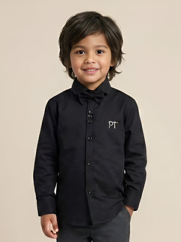 Polka Tots Full Sleeve Party Wear Reverse Collar Placket With Bow Tie Shirt - Black